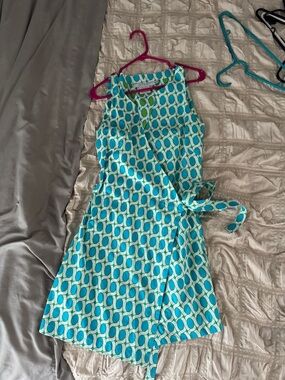 Gretchen Scott Designs Aqua & White Geometric Wrap Dress